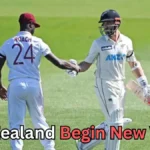 A West Indies cricketer wearing a jersey with the name ‘Roach’ and number 24 shakes hands with a New Zealand batter on a cricket field. Both players are in their team uniforms, and the New Zealand player is holding a bat. Text at the bottom reads: ‘New Zealand Begin New WTC?
