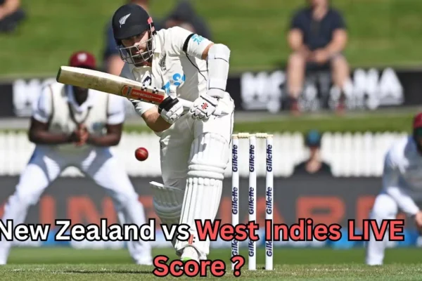 The image you've uploaded shows a cricket match between New Zealand and the West Indies. The player from New Zealand is seen playing a shot, with the ball approaching the stumps. The text overlay reads, "New Zealand vs West Indies LIVE Score?" indicating a focus on live score updates during this exciting encounter.