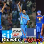 A collage of three photos of Indian cricketer Piyush Chawla in blue India and IPL jerseys, celebrating with a raised finger on the field, with stadium crowds in the background and text reading “Piyush Chawla’s Highest Score?”.