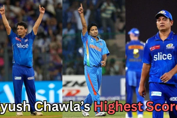 A collage of three photos of Indian cricketer Piyush Chawla in blue India and IPL jerseys, celebrating with a raised finger on the field, with stadium crowds in the background and text reading “Piyush Chawla’s Highest Score?”.