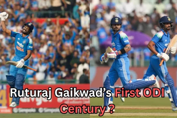Two images side-by-side of Indian cricket players in blue jerseys during an ODI match. The left image shows a player jumping in celebration with his bat raised as the crowd cheers in the background. The right image shows two Indian batters running between the wickets during play. Text over the image reads: “Ruturaj Gaikwad’s First ODI Century?