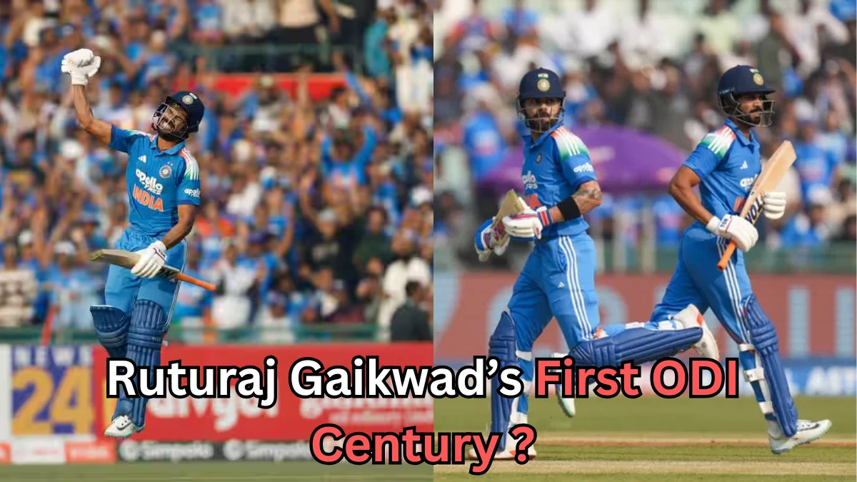 Two images side-by-side of Indian cricket players in blue jerseys during an ODI match. The left image shows a player jumping in celebration with his bat raised as the crowd cheers in the background. The right image shows two Indian batters running between the wickets during play. Text over the image reads: “Ruturaj Gaikwad’s First ODI Century?