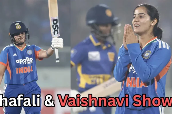 Split image of two women cricketers in blue India jerseys during a night match. Left: a batter wearing a helmet raises her bat in celebration. Right: a bowler with hands together in a thankful gesture, smiling, with an opposing player blurred in the background. Bold on-image text reads “Shafali & Vaishnavi Show!