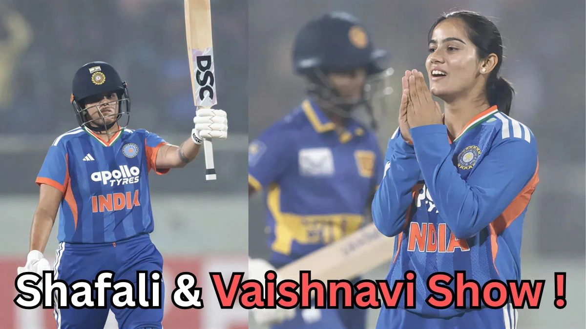 Split image of two women cricketers in blue India jerseys during a night match. Left: a batter wearing a helmet raises her bat in celebration. Right: a bowler with hands together in a thankful gesture, smiling, with an opposing player blurred in the background. Bold on-image text reads “Shafali & Vaishnavi Show!