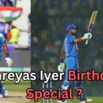 Two cricket images feature an Indian batsman in blue jersey raising his bat in celebration after a strong performance. The background shows cheering crowds and the Indian flag. Text at the bottom reads, “Shreyas Iyer Birthday Special?