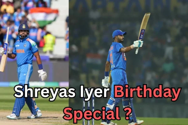 Two cricket images feature an Indian batsman in blue jersey raising his bat in celebration after a strong performance. The background shows cheering crowds and the Indian flag. Text at the bottom reads, “Shreyas Iyer Birthday Special?