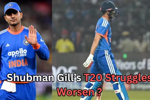 Two images side by side: on the left, an Indian cricket player in a blue jersey raises his hand; on the right, another Indian player in blue walks off the field with his bat. Text on the image reads ‘Shubman Gill’s T20 Struggles Worsen?
