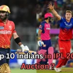 A split-image collage showing two cricket players during IPL matches. The player on the left, wearing a red Punjab Kings jersey, walks with his bat after playing a shot. The player on the right, in a red-and-blue Delhi Capitals jersey, celebrates with arms raised after taking a wicket, while another player in a pink Rajasthan Royals kit stands behind him. Text at the bottom reads: “Top 10 Indians in IPL 2026 Auction?