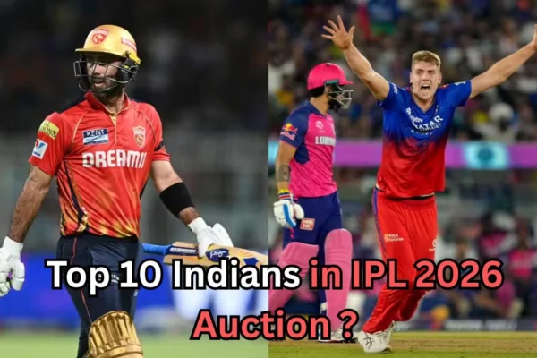 A split-image collage showing two cricket players during IPL matches. The player on the left, wearing a red Punjab Kings jersey, walks with his bat after playing a shot. The player on the right, in a red-and-blue Delhi Capitals jersey, celebrates with arms raised after taking a wicket, while another player in a pink Rajasthan Royals kit stands behind him. Text at the bottom reads: “Top 10 Indians in IPL 2026 Auction?