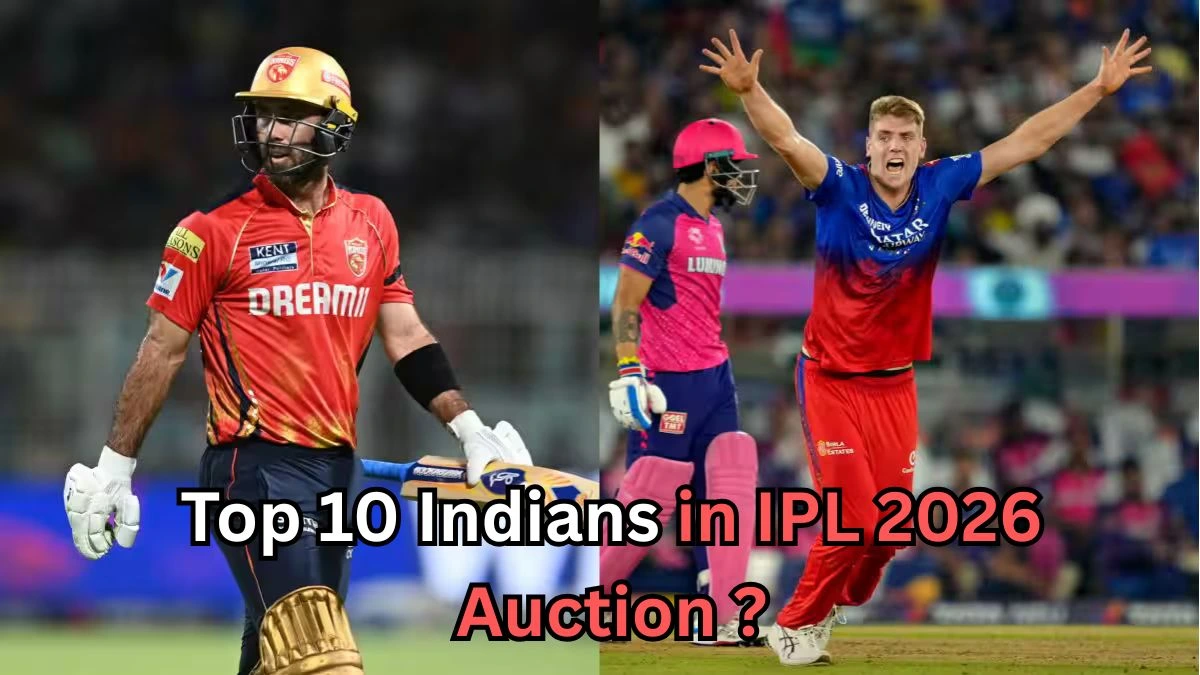 A split-image collage showing two cricket players during IPL matches. The player on the left, wearing a red Punjab Kings jersey, walks with his bat after playing a shot. The player on the right, in a red-and-blue Delhi Capitals jersey, celebrates with arms raised after taking a wicket, while another player in a pink Rajasthan Royals kit stands behind him. Text at the bottom reads: “Top 10 Indians in IPL 2026 Auction?