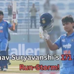 A split image of a young cricketer in a blue uniform raising his bat and helmet in celebration on a cricket field. In both frames, he stands confidently after a batting achievement, with spectators blurred in the background. Text across the bottom reads: “Vaibhav Suryavanshi’s 171 Sparks Run-Storm!