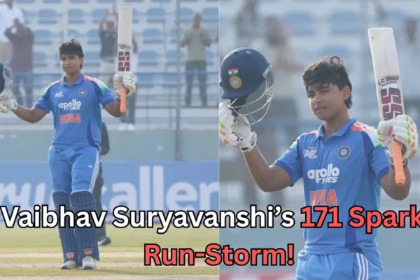 A split image of a young cricketer in a blue uniform raising his bat and helmet in celebration on a cricket field. In both frames, he stands confidently after a batting achievement, with spectators blurred in the background. Text across the bottom reads: “Vaibhav Suryavanshi’s 171 Sparks Run-Storm!