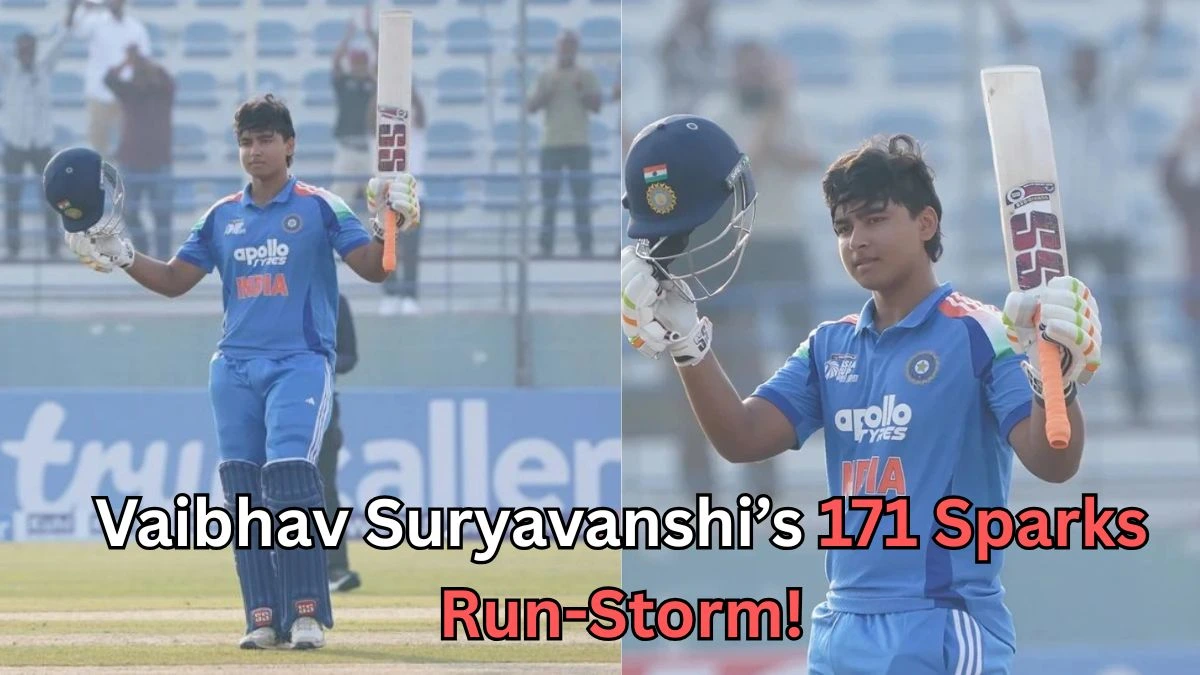 A split image of a young cricketer in a blue uniform raising his bat and helmet in celebration on a cricket field. In both frames, he stands confidently after a batting achievement, with spectators blurred in the background. Text across the bottom reads: “Vaibhav Suryavanshi’s 171 Sparks Run-Storm!