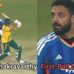 A split image showing a cricket moment. On the left, a bowler in a blue uniform delivers a ball that beats a batter in a yellow-and-green kit, striking the stumps. On the right, the same bowler is seen close-up, looking surprised or focused. Text at the bottom reads: “Varun Chakravarthy First-Ball Googly