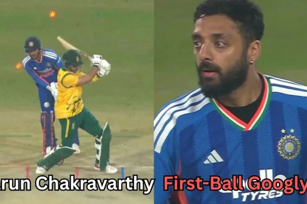 A split image showing a cricket moment. On the left, a bowler in a blue uniform delivers a ball that beats a batter in a yellow-and-green kit, striking the stumps. On the right, the same bowler is seen close-up, looking surprised or focused. Text at the bottom reads: “Varun Chakravarthy First-Ball Googly
