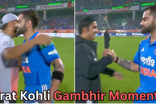 A man in a blue cricket uniform is seen greeting two different men on a cricket field in a split-frame image. On the left, he is hugging one man, and on the right, he is shaking hands with another man holding a microphone. The background shows a stadium with bright lights. Text at the bottom reads “Virat Kohli Gambhir Moment?