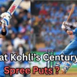 Two images of an Indian cricket player in blue team uniform batting during a match. In the left image, the player follows through after a lofted shot, with a blurred crowd in the background. In the right image, the same player is captured mid-shot with the bat raised high, standing near the stumps on a cricket field. Overlaid text reads: ‘Virat Kohli’s Century Spree Puts ?